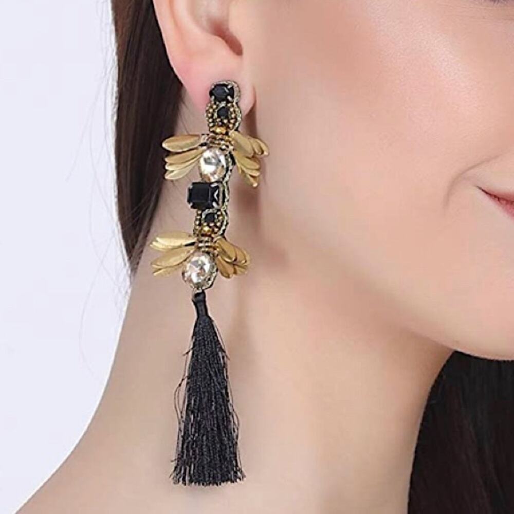Black Gold Stud tassel drop earrings bee wings